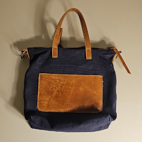 Able Handbags - ABLE Navy and Brown Canvas Leather Trim Tote Bag